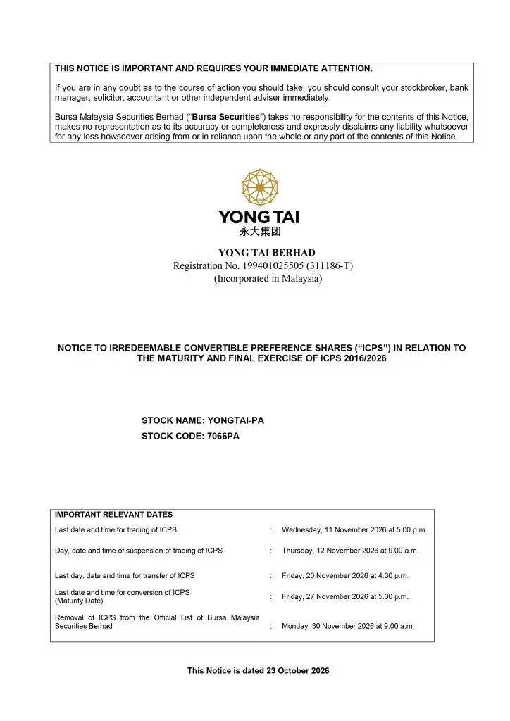 YTB Notice to ICPS Holders